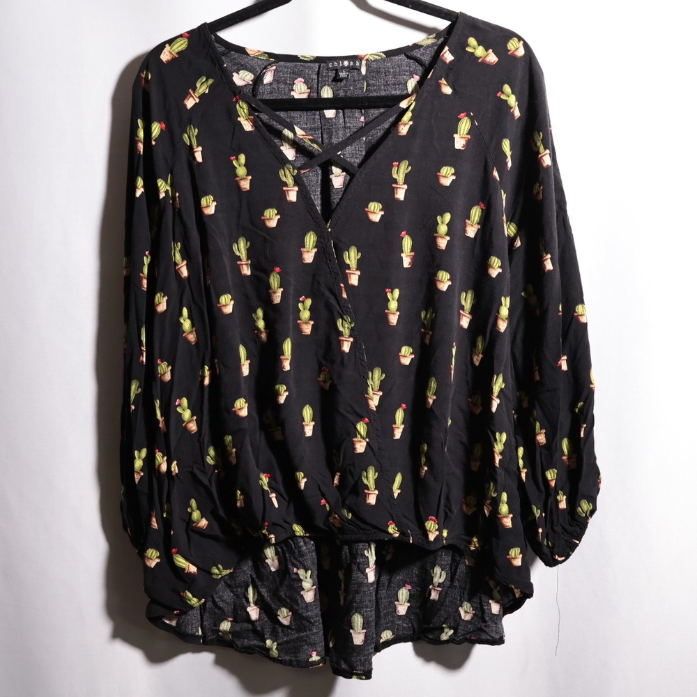 Chloah Womens Black Cactus Print Surplice V-Neck‎ Long Sleeve Top Boho Western L